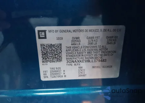 2020 Chevrolet Equinox Fwd Lt 1.5L Turbo из США, поврежденный, VIN 3GNAXKEV8LL179483